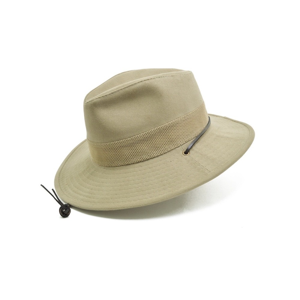 Dobbs Mens Khaki Cotton Safari Sun Hat Mesh Crown Leather Strap Size M